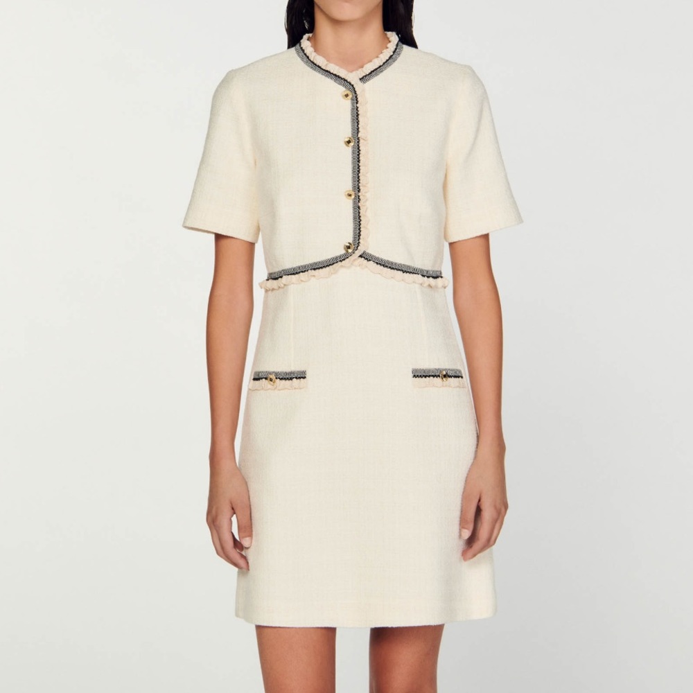 New Sandro Short Tweed Dress Cream Ivory Boucle Short-Sleeve Minidress Nava